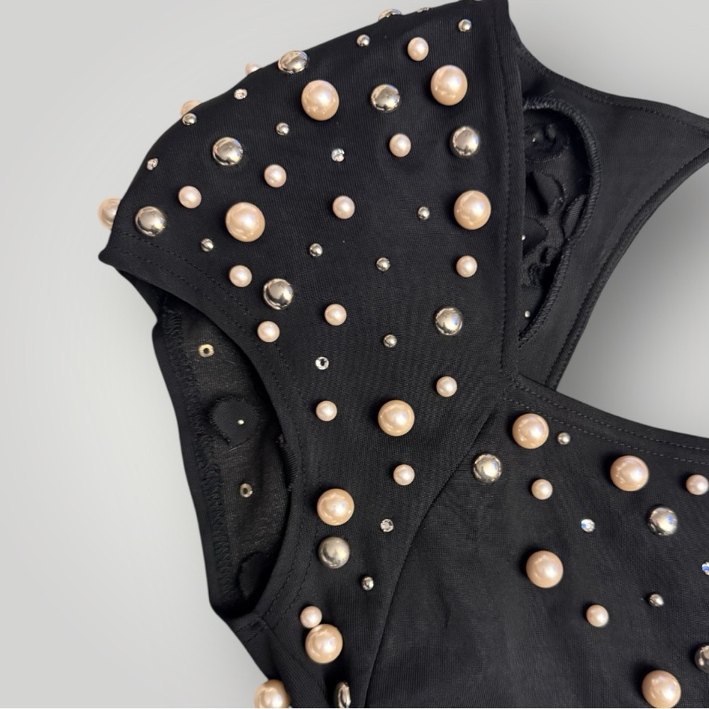 Vintage 1980s Eletra Casadei Pearl & Rhinestone Mini Black Dress - Size Medium - Picture 6 of 10